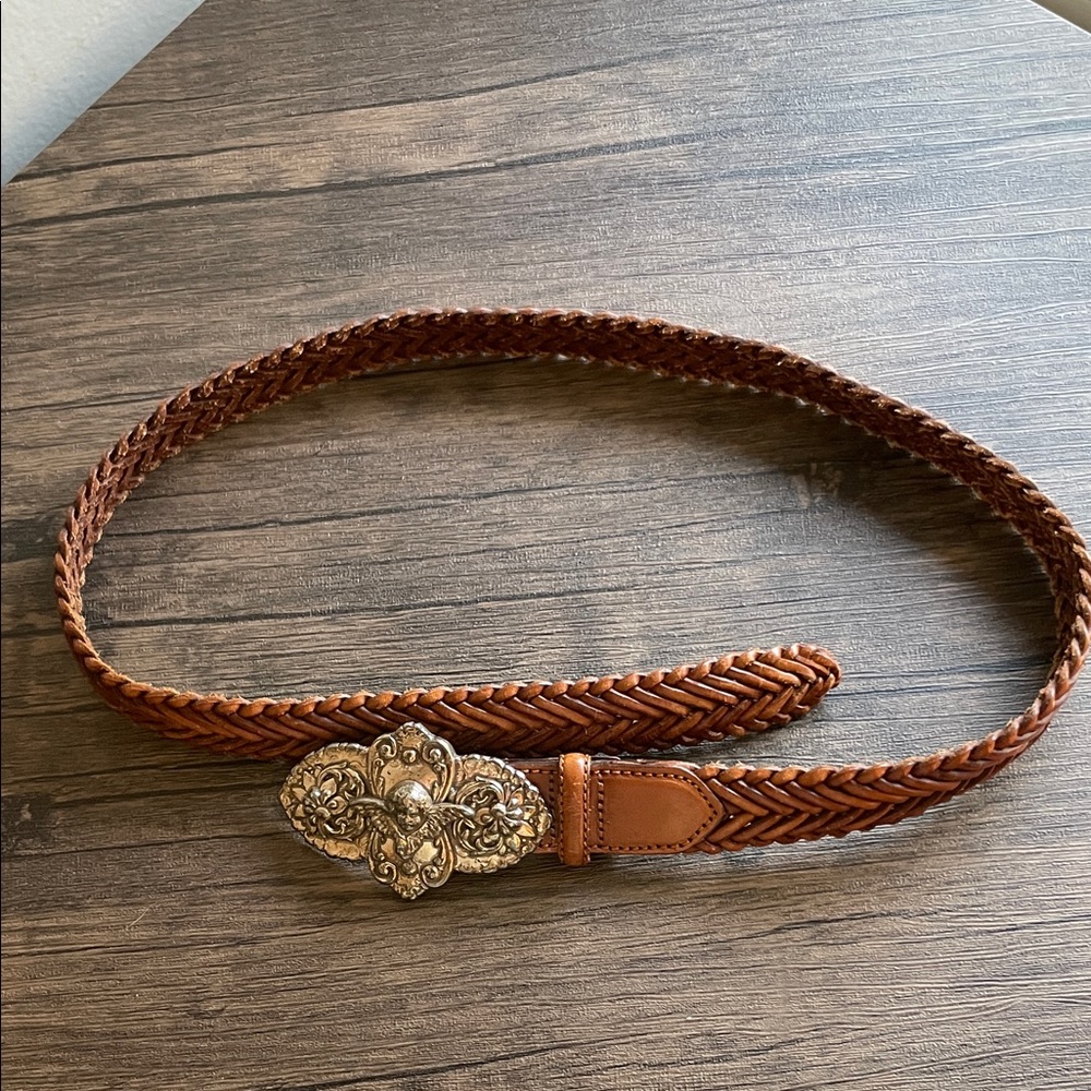 Braided Brown Leather Belt with Silver Buckle